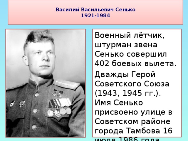 Василий Васильевич Сенько 1921-1984 Военный лётчик, штурман звена Сенько совершил 402 боевых вылета. Дважды Герой Советского Союза (1943, 1945 гг.). Имя Сенько присвоено улице в Советском районе города Тамбова 16 июля 1986 года.