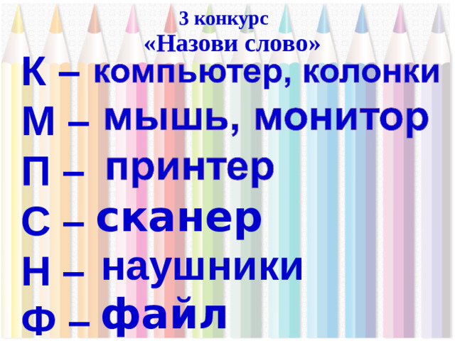 3 конкурс «Назови слово» К – М – П – С – Н – Ф – сканер наушники файл