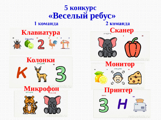 5 конкурс «Веселый ребус» Сканер Клавиатура Колонки Монитор Микрофон Принтер