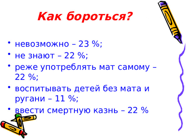 Как бороться? невозможно – 23 %; не знают – 22 %; реже употреблять мат самому – 22 %; воспитывать детей без мата и ругани – 11 %; ввести смертную казнь – 22 %