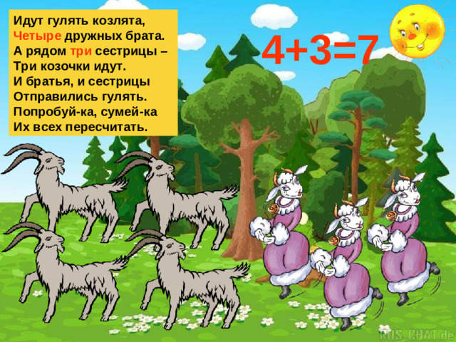 Идут гулять козлята, Четыре дружных брата. А рядом три сестрицы – Три козочки идут. И братья, и сестрицы Отправились гулять. Попробуй-ка, сумей-ка Их всех пересчитать. 4+3=7