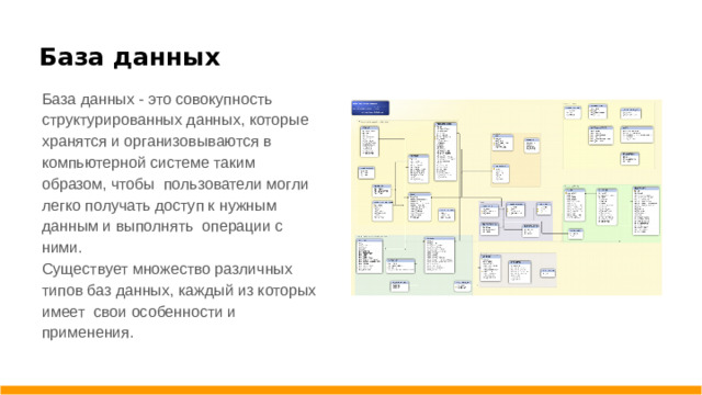 База данных База данных - это совокупность структурированных данных, которые хранятся и организовываются в компьютерной системе таким образом, чтобы пользователи могли легко получать доступ к нужным данным и выполнять операции с ними. Существует множество различных типов баз данных, каждый из которых имеет свои особенности и применения.