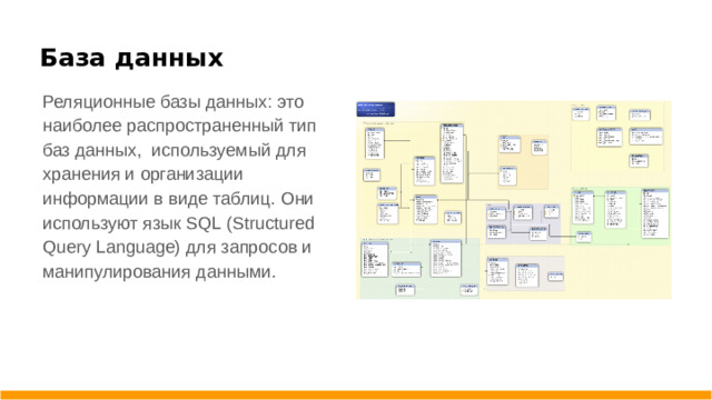 База данных Реляционные базы данных: это наиболее распространенный тип баз данных, используемый для хранения и организации информации в виде таблиц. Они используют язык SQL (Structured Query Language) для запросов и манипулирования данными.