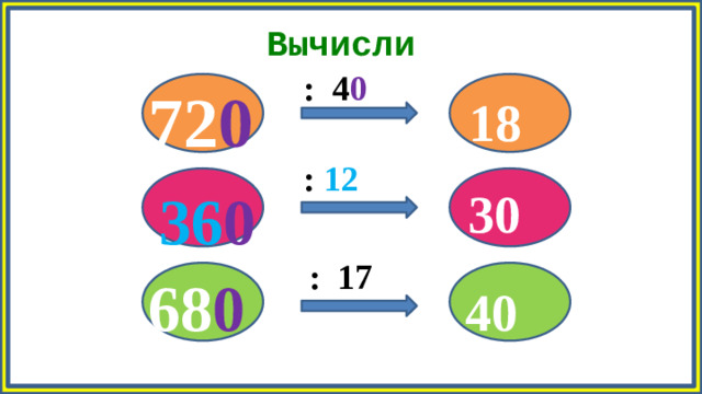 Вычисли : 4 0 72 0 18 : 12 36 0 30 : 17 68 0 40