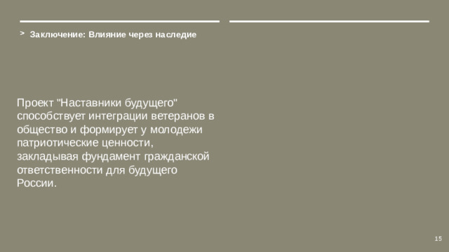 Заключение: Влияние через наследие Проект