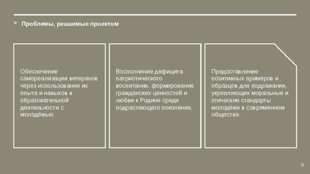 Проблемы, решаемые проектом Обеспечение самореализации ветеранов через использование их опыта и навыков в образовательной деятельности с молодёжью. Восполнение дефицита патриотического воспитания, формирование гражданских ценностей и любви к Родине среди подрастающего поколения. Предоставление позитивных примеров и образцов для подражания, укрепляющих моральные и этические стандарты молодёжи в современном обществе. 9