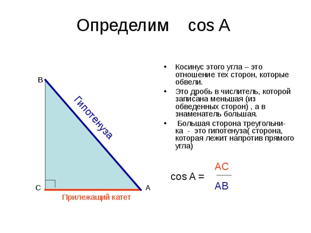 Гипотенуза Определим cos A Косинус этого угла – это отношение тех сторон, которые обвели. Это дробь в числитель, которой записана меньшая (из обведенных сторон) , а в знаменатель большая.  Большая сторона треугольни- ка - это гипотенуза( сторона, которая лежит напротив прямого угла) В AC cos A = AB А С Прилежащий катет