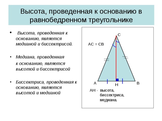 Высота, проведенная к основанию в равнобедренном треугольнике  Высота, проведенная к основанию, является медианой и биссектрисой.  Медиана, проведенная  к основанию, является высотой и биссектрисой  Биссектриса, проведенная к основанию, является высотой и медианой C AC = CB B А H AH - высота,  биссектриса,  медиана.