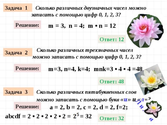 Л и л и и Задача 1  Сколько различных двузначных чисел можно записать с помощью цифр 0, 1, 2, 3? m = 3, n = 4; m • n = 12  Решение: Ответ: 12  Сколько различных трехзначных чисел можно записать с помощью цифр 0, 1, 2, 3? Задача 2 Решение: m=3, n=4, k=4; mnk=3 • 4 • 4 =48 Ответ: 48 Задача 3 Сколько различных пятибуквенных слов можно записать с помощью букв « и » и « л »?  Решение:  a = 2, b = 2, c = 2, d = 2, f=2;  = 32 2 • 2 • 2 • 2 • 2 = abcdf = Ответ: 32