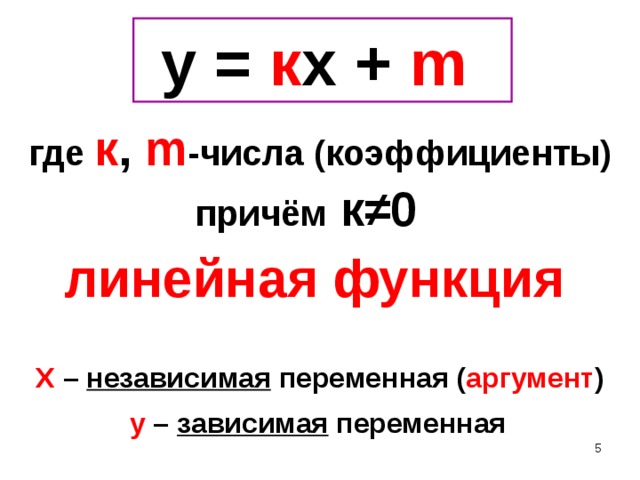 у  =  к х  + m  где к ,  m -числа (коэффициенты) причём к≠0 линейная функция  Х – независимая переменная ( аргумент ) y – зависимая переменная  2