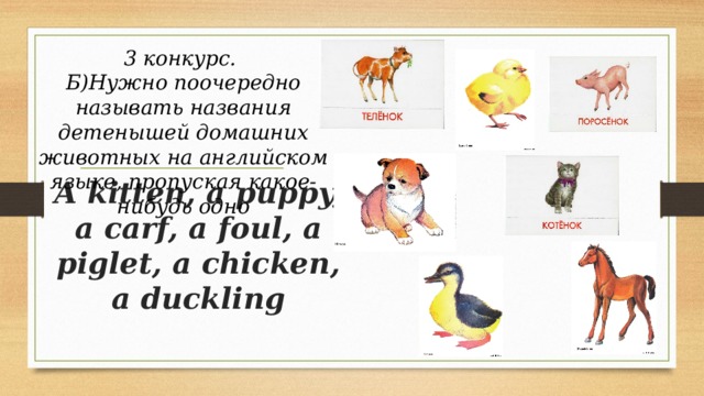3 конкурс.  Б)Нужно поочередно называть названия детенышей домашних животных на английском языке, пропуская какое-нибудь одно A kitten, a puppy, a carf, a foul, a piglet, a chicken, a duckling