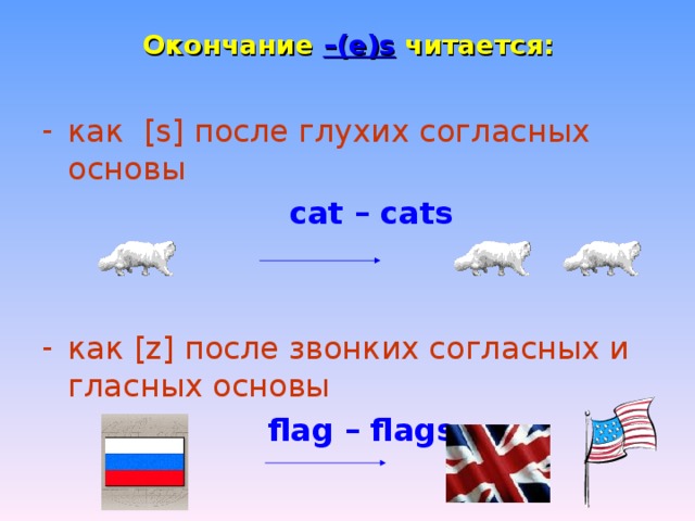 Окончание –(e)s  читается: как   [s] после глухих согласных основы    cat – cats   как [z] после звонких согласных и гласных основы  flag – flags