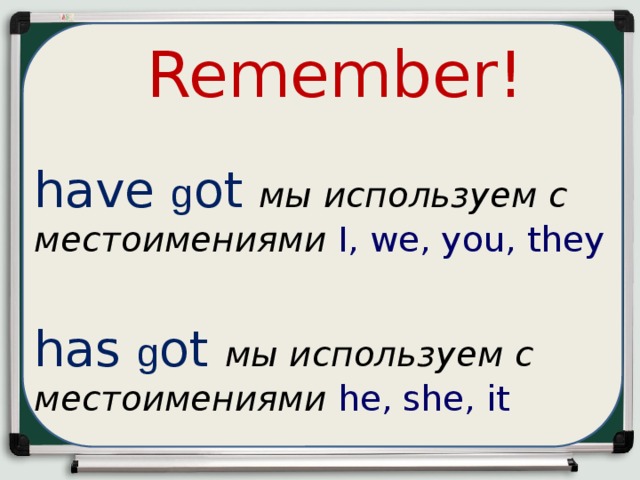 Remember!   have g ot мы используем с местоимениями I, we, you, they has g ot мы используем с местоимениями he, she, it