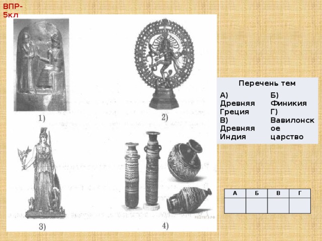 ВПР-5кл Перечень тем А) Древняя Греция В) Древняя Индия Б) Финикия Г) Вавилонское царство A Б В Г