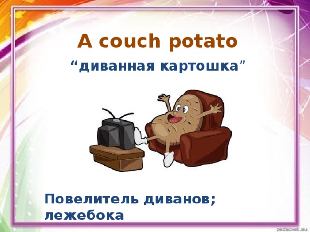 A couch potato “ диванная картошка ” Повелитель диванов; лежебока