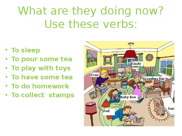 What are they doing now?  Use these verbs: