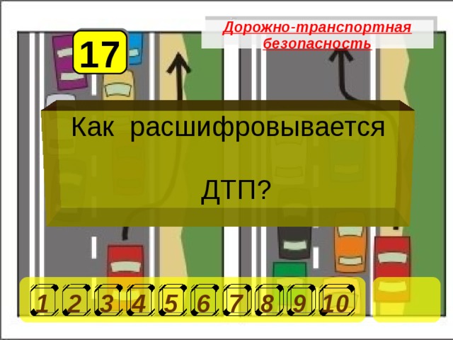 Дорожно-транспортная безопасность 17 Как расшифровывается ДТП? 1 2 3 4 5 6 7 8 9 10