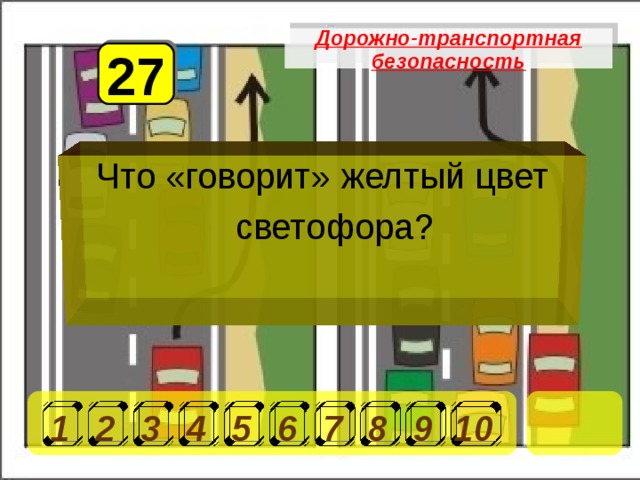 Дорожно-транспортная безопасность 27 Что «говорит» желтый цвет светофора? 1 2 3 4 5 6 7 8 9 10