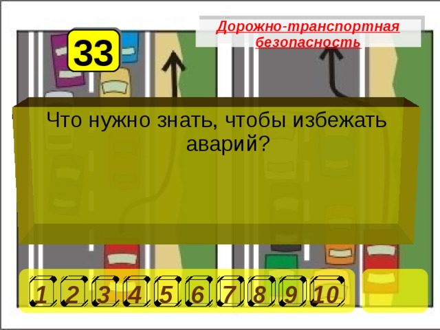 Дорожно-транспортная безопасность 33 Что нужно знать, чтобы избежать аварий?  1 2 3 4 5 6 7 8 9 10