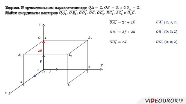 Задача. В прямоугольном параллелепипеде , , а .   Найти координаты векторов , , , , , , и .                                                