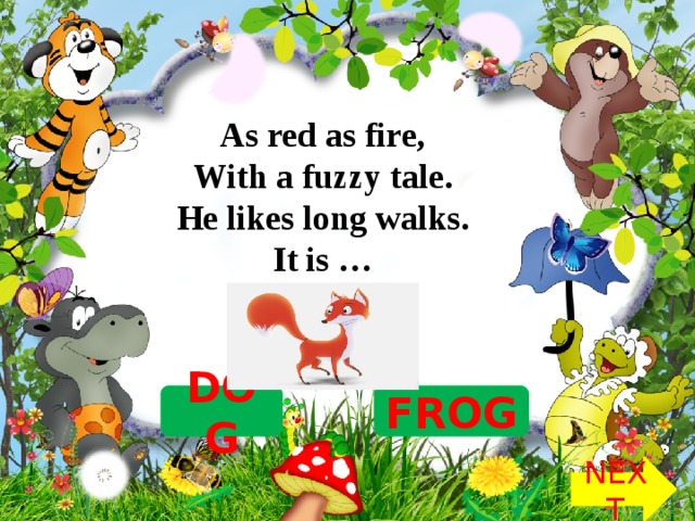 As red as fire,  With a fuzzy tale.  He likes long walks.  It is … FOX DOG FROG NEXT