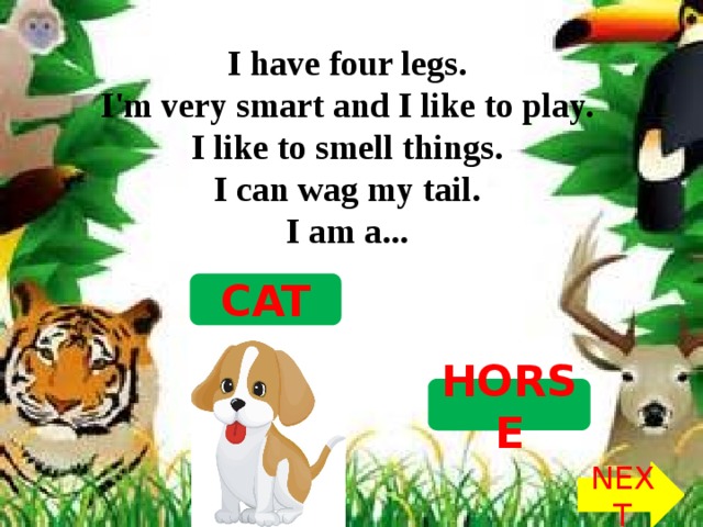 I have four legs.   I'm very smart and I like to play.   I like to smell things.   I can wag my tail.   I am a...  CAT DOG HORSE NEXT