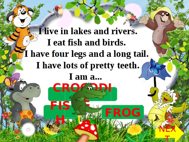 I live in lakes and rivers.  I eat fish and birds.   I have four legs and a long tail.   I have lots of pretty teeth.  I am a...   CROCODILE FISH FROG NEXT