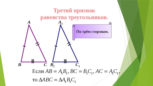 Третий признак равенства треугольников. А А 1 По трём сторонам. С 1 С В 1 В