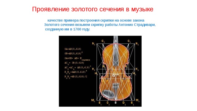 Проявление золотого сечения в музыке В качестве примера построения скрипки на основе закона Золотого сечения возьмем скрипку работы Антонио Страдивари,  созданную им в 1700 году.