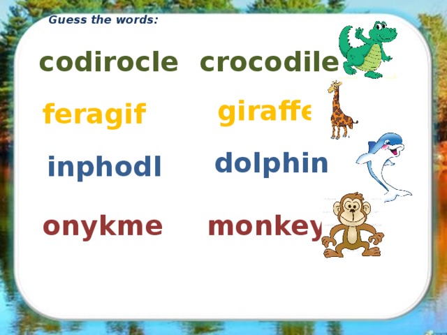 Guess the words: codirocle crocodile giraffe feragif dolphin inphodl onykme monkey