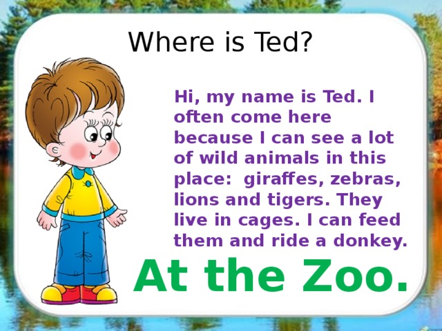 Where is Ted? Hi, my name is Ted. I often come here because I can see a lot of wild animals in this place: giraffes, zebras, lions and tigers. They live in cages. I can feed them and ride a donkey. At the Zoo.