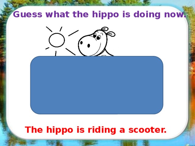 Guess what the hippo is doing now. The hippo is riding a scooter.