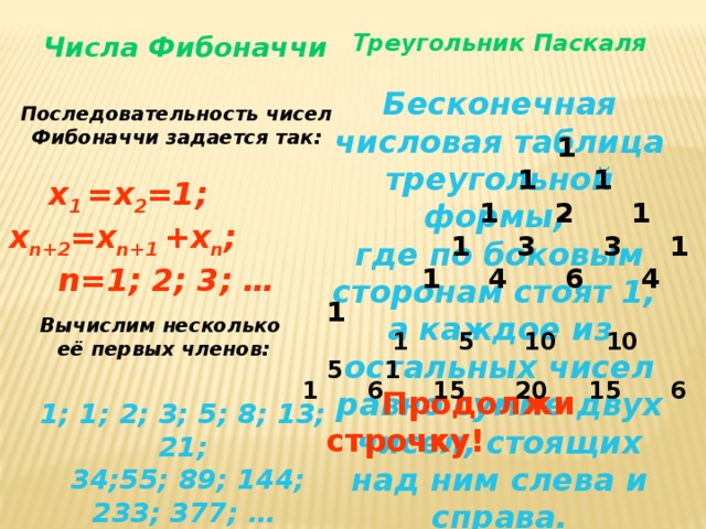 Треугольник Паскаля  Бесконечная числовая таблица треугольной формы, где по боковым сторонам стоят 1, а каждое из остальных чисел равно сумме двух чисел, стоящих над ним слева и справа. Числа Фибоначчи  Последовательность чисел Фибоначчи задается так:  1  1 1  1 2 1  1 3 3 1  1 4 6 4 1   1 5 10 10 5 1  Продолжи строчку!  х 1 =х 2 =1; х n+2 =x n+1 +x n ; n=1; 2; 3; …   Вычислим несколько её первых членов: 1 6 15 20 15 6 1 1; 1; 2; 3; 5; 8; 13; 21;  34;55; 89; 144;  233; 377; …