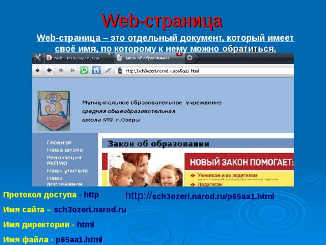 Web-страница Web-страница – это отдельный документ, который имеет своё имя, по которому к нему можно обратиться. http:// sch3ozeri.narod.ru/p65aa1.html Протокол доступа - http Имя сайта – sch3ozeri.narod.ru Имя директории - html Имя файла - p65aa1.html