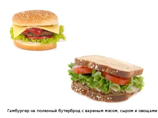 Гамбургер на полезный бутерброд с вареным мясом, сыром и овощами