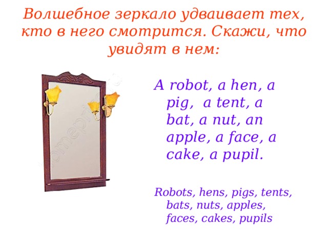 Волшебное зеркало удваивает тех, кто в него смотрится. Скажи, что увидят в нем : A robot, a hen, a pig, а tent, a bat, a nut, an apple, a face, a cake, a pupil.  Robots, hens, pigs, tents, bats, nuts, apples, faces, cakes, pupils
