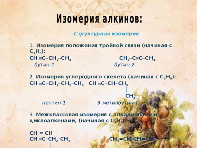 Структурная изомерия  1. Изомерия положения тройной связи (начиная с С 4 Н 6 ): СН  С  СН 2  СН 3   СН 3  С  С  СН 3  бутин-1  бутин-2 2.  Изомерия углеродного скелета (начиная с С 5 Н 8 ): СН  С  СН 2  СН 2  СН 3  СН  С  СН  СН 3    СН 3  пентин-1  3-метилбутин-1 3. Межклассовая изомерия с алкадиенами и циклоалкенами, (начиная с С 4 Н 8 ):  СН = СН СН  С–СН 2 –СН 3  СН 2 =СН–СН=СН 2       СН 2 –СН 2  бутин-1  бутадиен-1,3  циклобутен