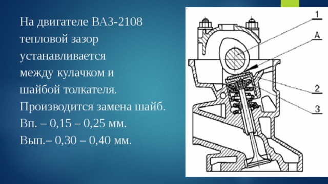 На двигателе ВАЗ-2108  тепловой зазор  устанавливается  между кулачком и  шайбой толкателя.  Производится замена шайб.  Вп. – 0,15 – 0,25 мм.  Вып.– 0,30  – 0,40 мм.