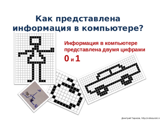 Как представлена информация в компьютере? Информация в компьютере представлена двумя цифрами 0 и 1  Дмитрий Тарасов, http://videouroki.net