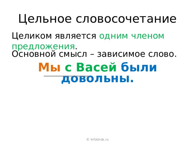 Цельное словосочетание Целиком является одним членом предложения . Основной смысл – зависимое слово. Мы с Васей были довольны. © InfoUrok.ru