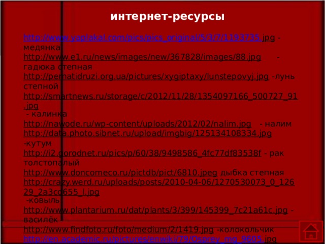 интернет-ресурсы http :// www . yaplakal . com / pics / pics _ original /5/3/7/1193735. jpg  - медянка http://www.e1.ru/news/images/new/367828/images/88.jpg  - гадюка степная http://pernatidruzi.org.ua/pictures/xygiptaxy/lunstepovyj.jpg  -лунь степной http://smartnews.ru/storage/c/2012/11/28/1354097166_500727_91.jpg  - калинка http://nawode.ru/wp-content/uploads/2012/02/nalim.jpg  - налим http://data.photo.sibnet.ru/upload/imgbig/125134108334.jpg  -кутум http://i2.gorodnet.ru/pics/p/60/38/9498586_4fc77df83538f  - рак толстопалый http://www.doncomeco.ru/pictdb/pict/6810.jpeg  дыбка степная http://crazy.werd.ru/uploads/posts/2010-04-06/1270530073_0_12629_2a3cd655_l.jpg  -ковыль http://www.plantarium.ru/dat/plants/3/399/145399_7c21a61c.jpg  - василёк http://www.findfoto.ru/foto/medium/2/1419.jpg  -колокольчик http :// en . academic . ru / pictures / enwiki /79/ Osprey _ mg _9605. jpg  скопа http://www.vashsad.ua/downloads/image/8010/5.jpg  - безвременник яркий http :// мирознай.рф / Trip / Images / UserImages /% D 0%97% D 0% B 5% D 0% BC % D 0% BB % D 1%8 F % D 0% BA % D 0% BE % D 0% B 2%20% D 0%94% D 0% BC % D 0% B 8% D 1%82% D 1%80% D 0% B 8% D 0% B 9/ ea 8770 e 7-1227-4 f 00- a 515-532 cf 9 be 6 c 38. jpg  дрофа