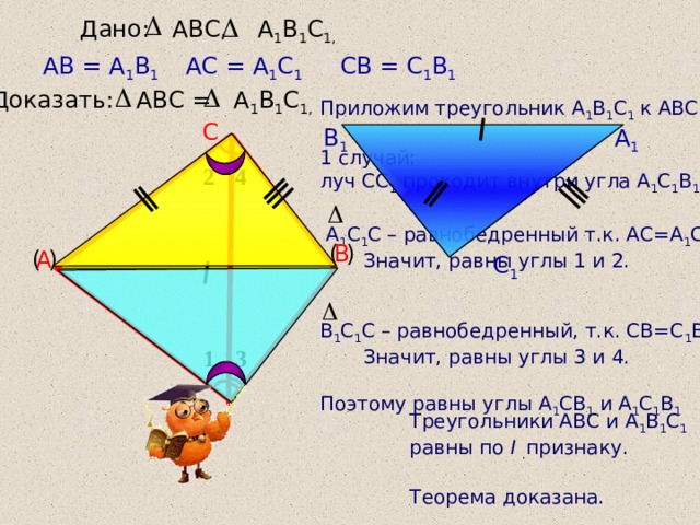 Дано: АВС, А 1 В 1 С 1,  АВ = А 1 В 1 СВ = С 1 В 1 АС = А 1 С 1 Доказать: АВС = А 1 В 1 С 1,  Приложим треугольник А 1 В 1 С 1 к АВС. 1 случай: луч СС 1 проходит внутри угла А 1 С 1 В 1 .  А 1 С 1 С – равнобедренный т.к. АС=А 1 С 1.  Значит, равны углы 1 и 2. В 1 С 1 С – равнобедренный, т.к. СВ=С 1 В 1.  Значит, равны углы 3 и 4. Поэтому равны углы А 1 СВ 1 и А 1 С 1 В 1 С В 1 А 1 2 4 ( ) В ( ) А С 1 3 1 Треугольники АВС и  А 1 В 1 С 1 равны по I  . признаку. Теорема доказана.