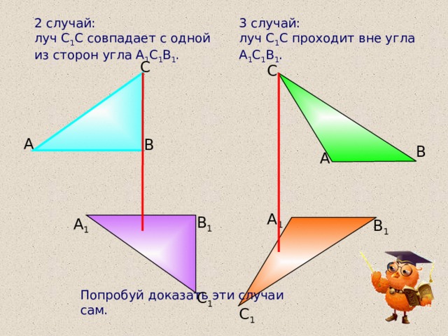 2 случай: 3 случай: луч С 1 С совпадает с одной из сторон угла А 1 С 1 В 1 . луч С 1 С проходит вне угла А 1 С 1 В 1 . С С А В В А А 1 В 1 А 1 В 1 Попробуй доказать эти случаи сам. С 1 С 1