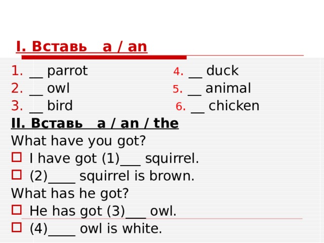 I. Вставь a / an __ parrot 4 . __ duck __ owl 5 . __ animal __ bird  6 . __ chicken II . Вставь a / an / the What have you got? I have got  (1) ___ squirrel. (2)____ squirrel is brown. What has he got?