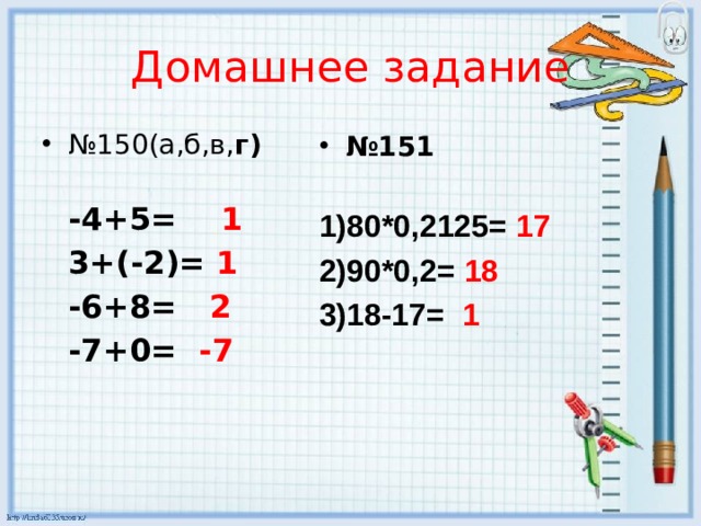 Домашнее задание № 150(а,б,в, г)  -4+5= 1  3+(-2)= 1  -6+8= 2  -7+0= -7 № 151  1)80*0,2125= 17 2)90*0,2= 18 3)18-17= 1