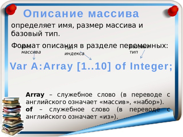 Описание массива определяет имя, размер массива и базовый тип. Формат описания в разделе переменных:      Array – служебное слово (в переводе с английского означает «массив», «набор»). оf – служебное слово (в переводе с английского означает «из»). Базовый тип Имя массива Тип индекса Var A:Array [1..10] of Integer;