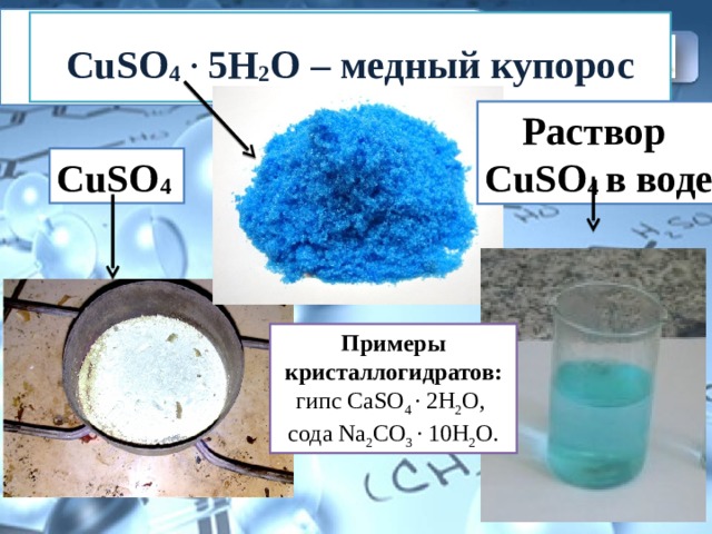 CuSO 4  . 5H 2 O – медный купорос Раствор CuSO 4 в воде CuSO 4 Примеры кристаллогидратов: гипс CaSO 4  · 2H 2 O, сода Na 2 CO 3  · 10Н 2 O.