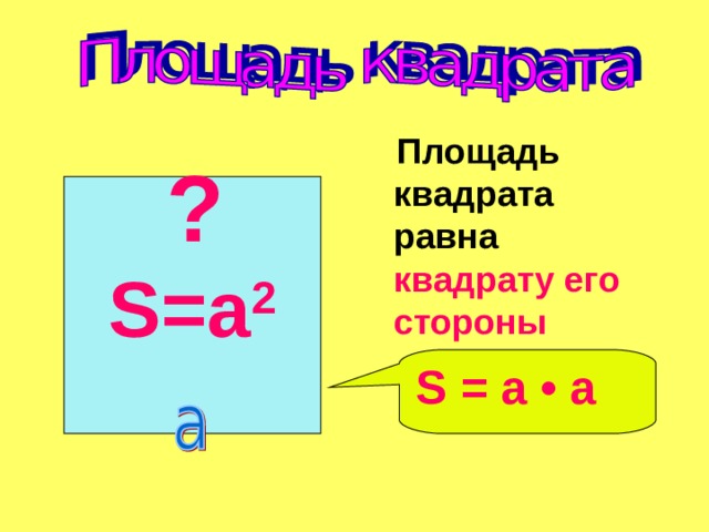 Площадь квадрата равна квадрату его стороны  ? S=a 2 S  =  a  • а