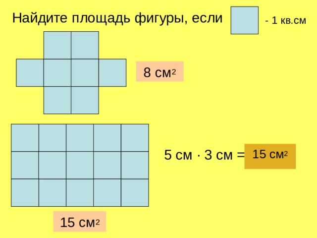 Найдите площадь фигуры, если - 1 кв.см 8 см 2 5 см · 3 см = 15 см 2 15 см 2