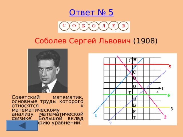 Ответ № 5      Соболев Сергей Львович (1908)   Советский математик, основные труды которого относятся к математическому анализу, математической физике. Большой вклад внес в теорию уравнений.